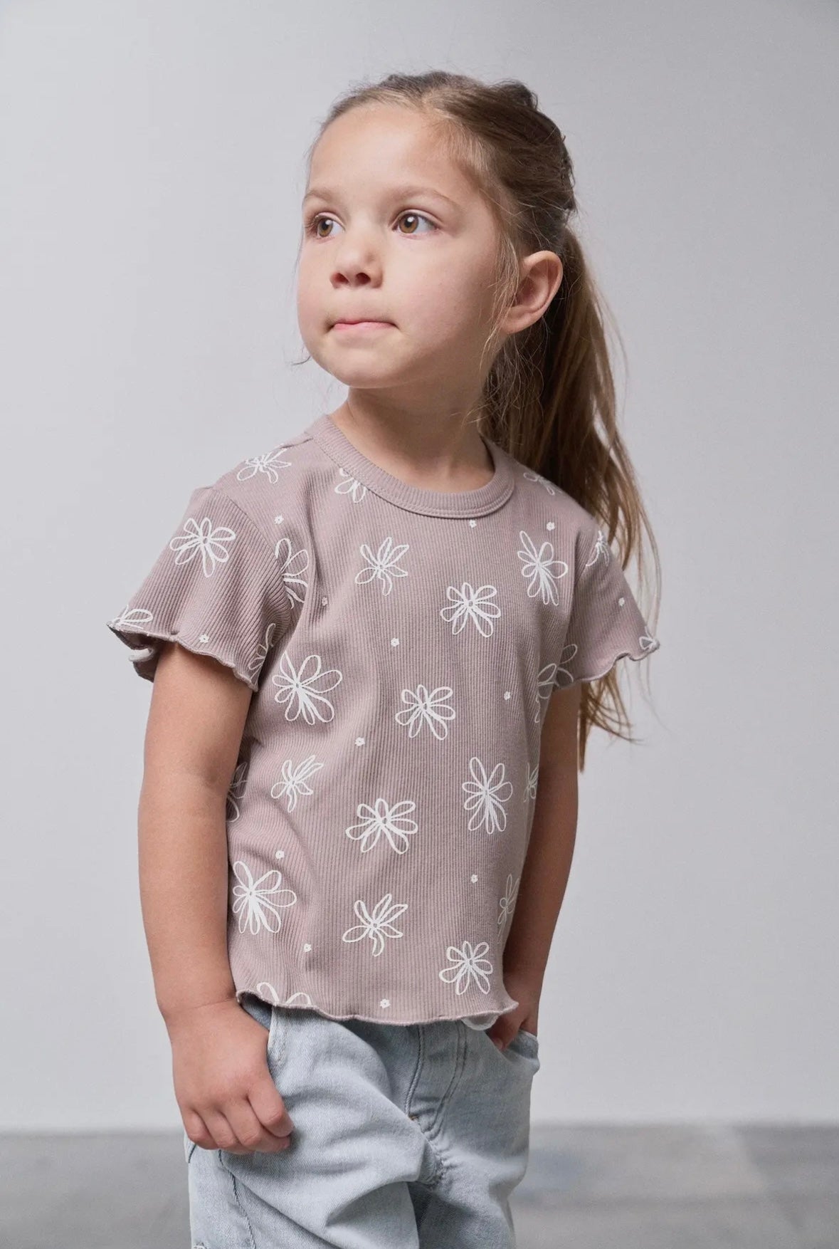 LB Floral Ribbed Lettuce Trim Tee | Mushroom