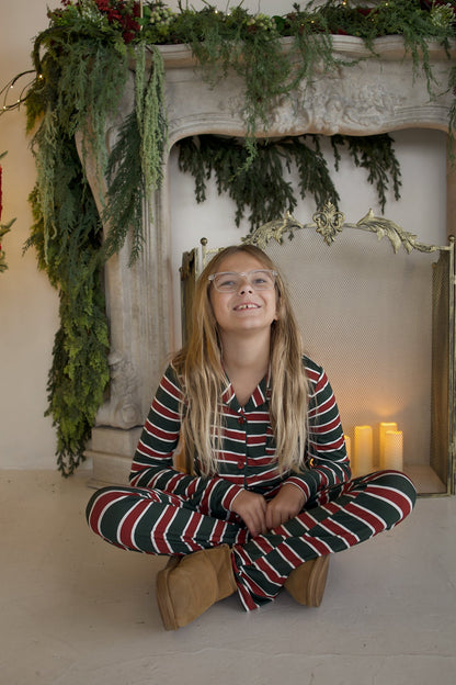 Girl's Bamboo Button Up Lounge Set | Holiday Stripe