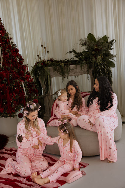 Girl's Bamboo Button Up Lounge Set | Pink Candy Cane