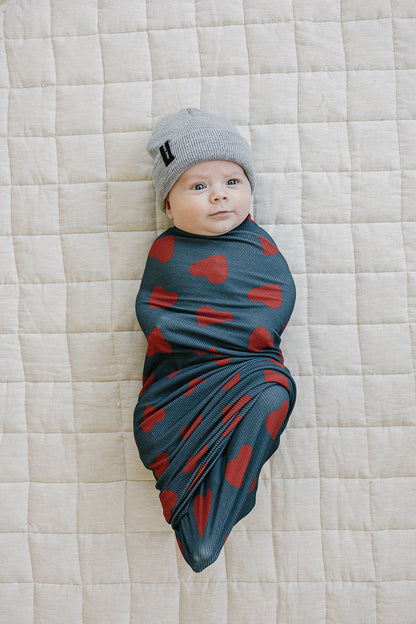 Navy + Red Hearts Bamboo Stretch Swaddle